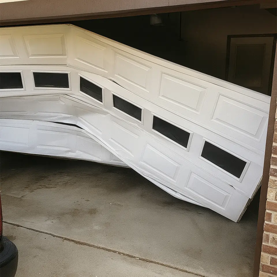 Broken sectional garage door in Dearborn Heights, MI before repair