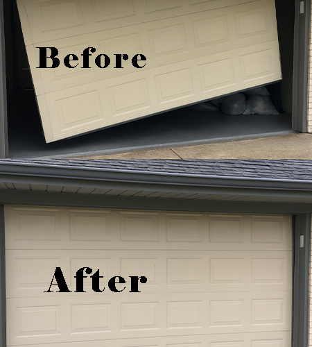 Before and after garage door repair in Dearborn Heights MI — panel replacement and track alignment